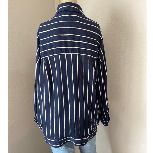 DANA BUCHMAN Vintage Nautical Striped Silk Shacket Jacket Button - Picture 3 of 10